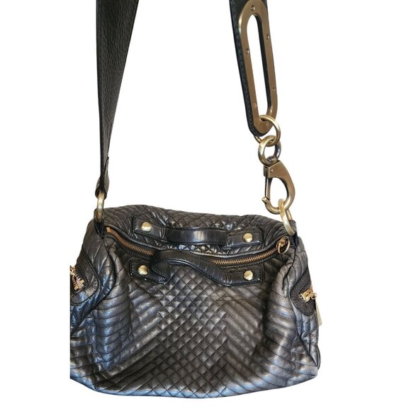 Cynthia Rowley Large Quilted Black Leather Shoulder Bag W Gold Clip Hardware - Picture 1 of 8